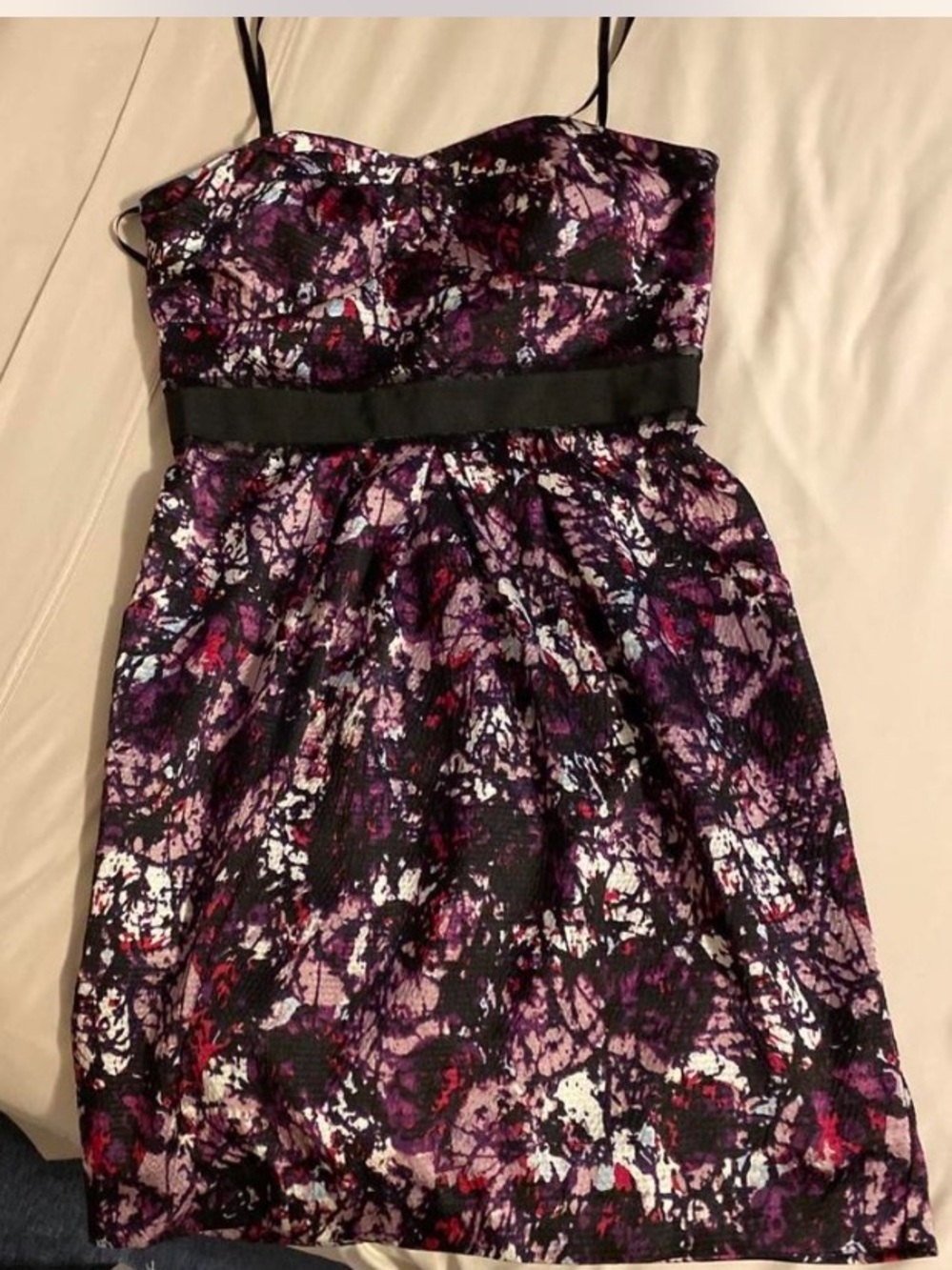 Max & Cleo Strapless Abstract Print Dress in Purple and Black Sz M